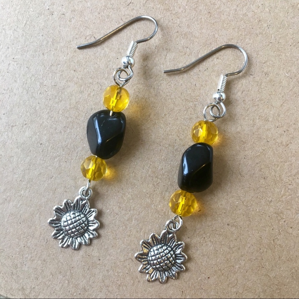 Sunflower Earrings Orange Yellow Black Long Beaded
